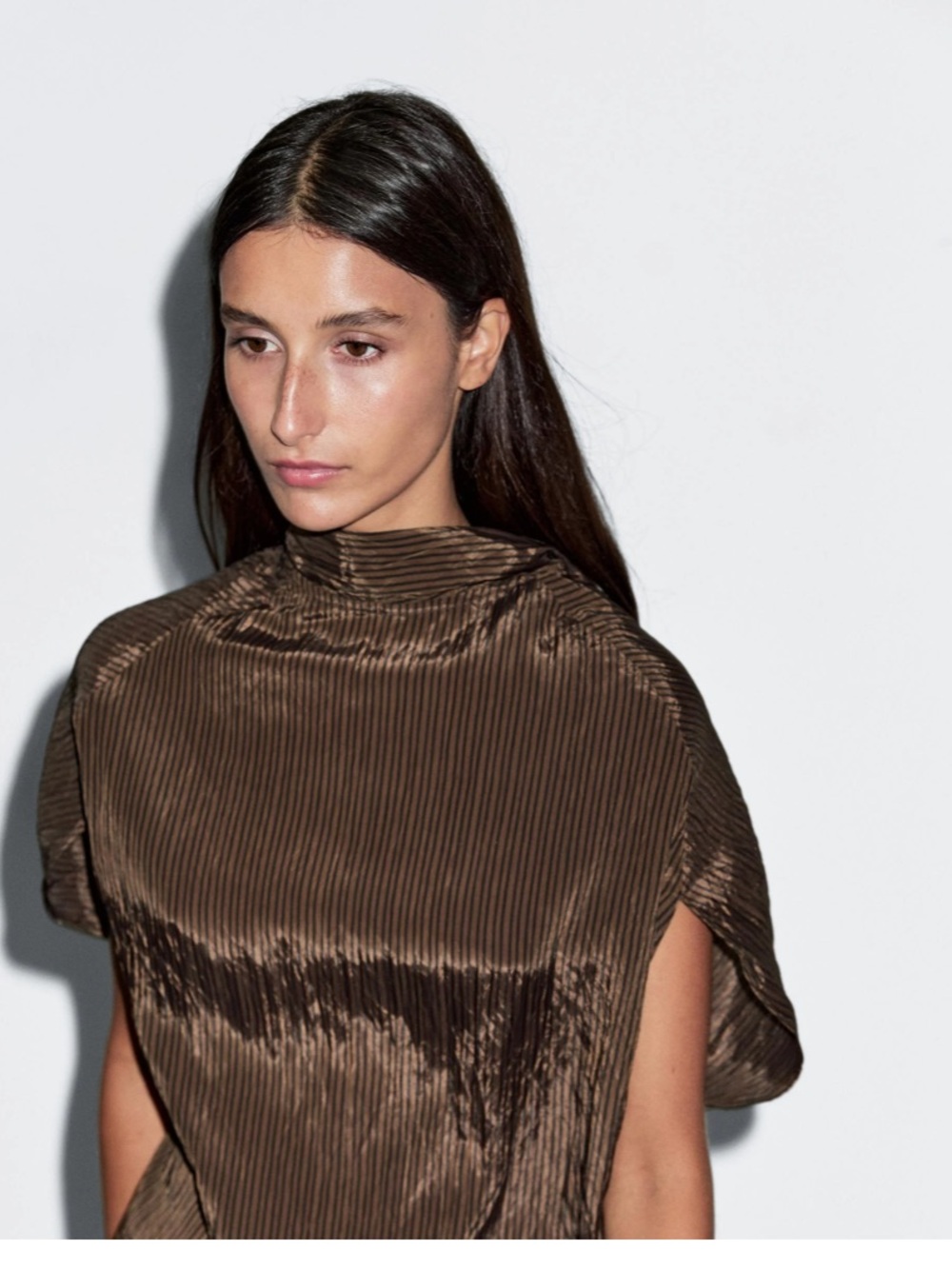 Massimo Dutti Brown Pleated Satin High-Neck Top